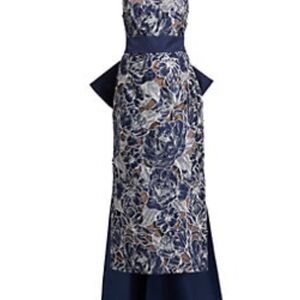 Marchesa Notte Navy and Cream Embroidered Dress